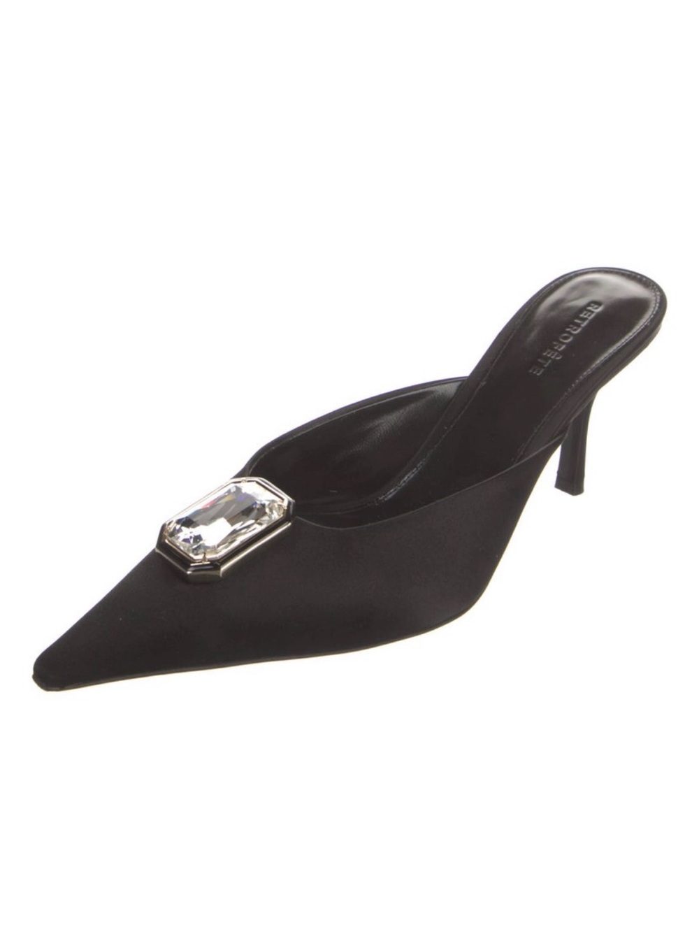 Retrofete Black Satin Pointed Toe Jewel-Embellished Mule